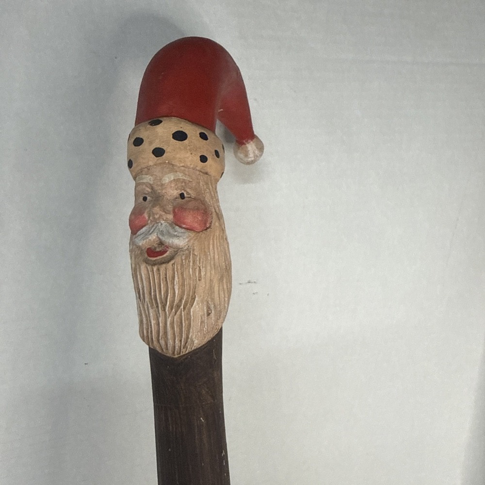 Vintage Wood Carved Santa Claus Face Handle Walking Stick Cane Christmas Decor